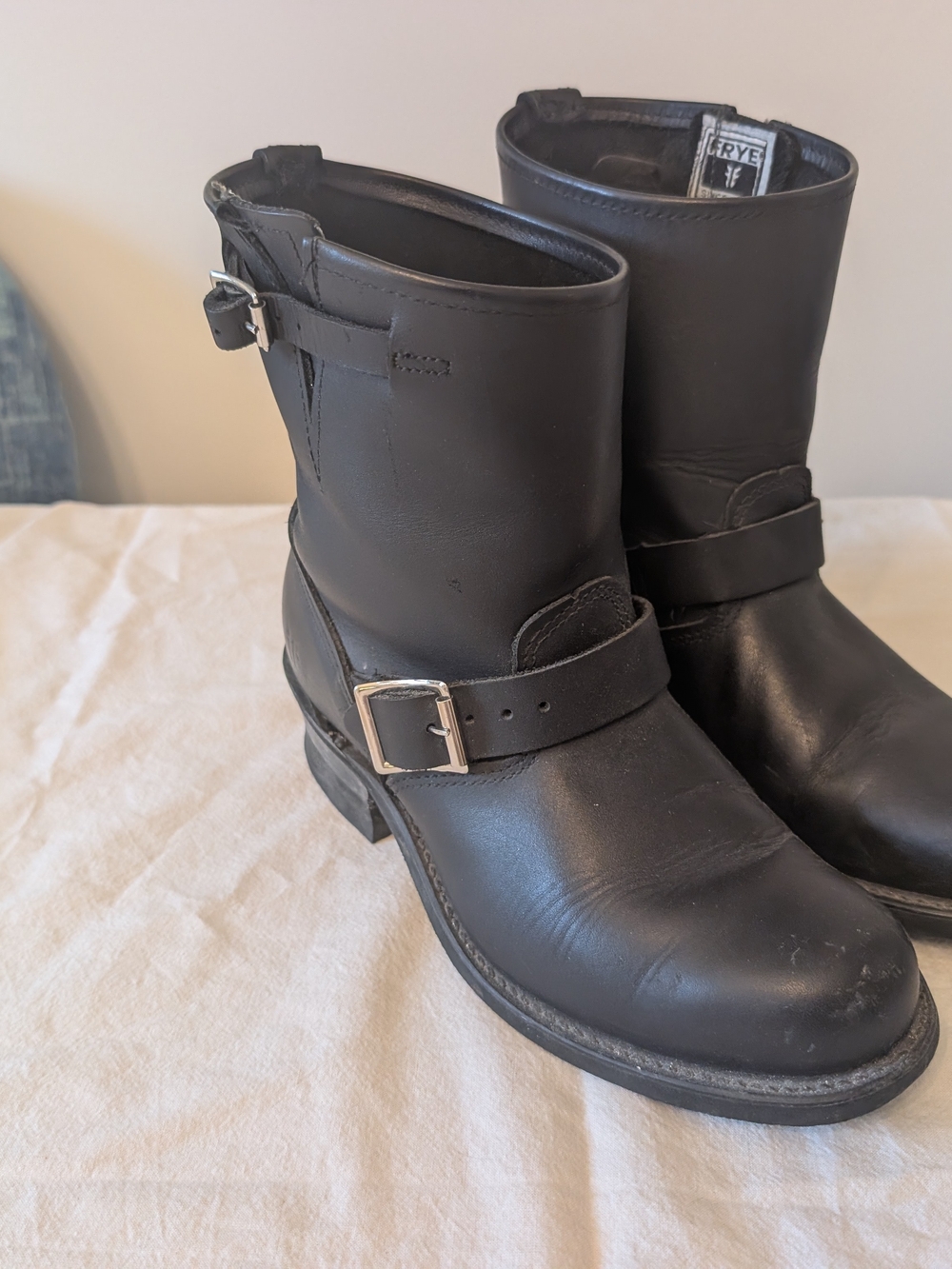 Frye Black Leather Women's Engineer Boots with Silver Buckle